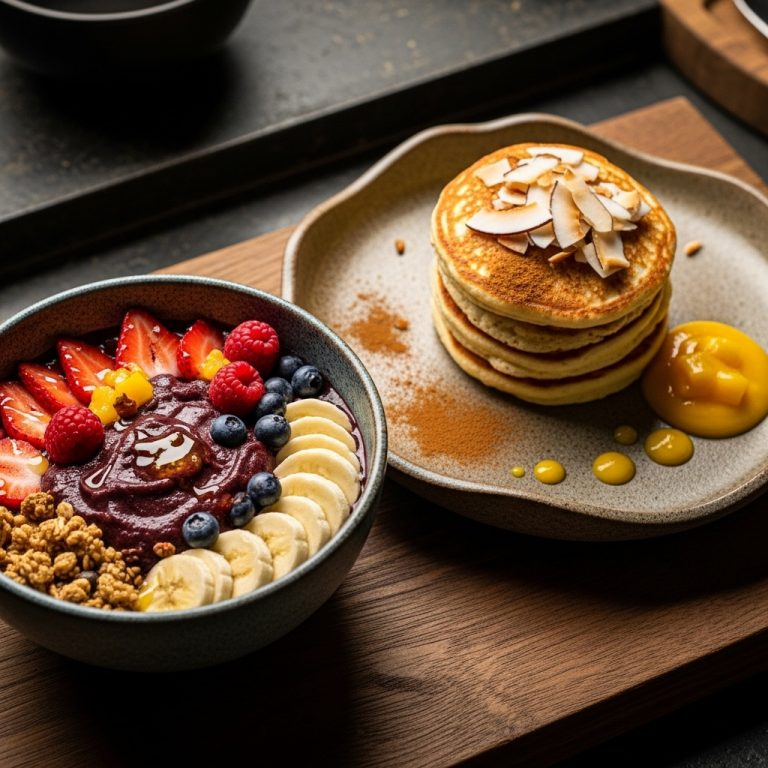 “Scrumptious Vegan Brazilian Brunch: Açaí Smoothie Bowl & Coconut-Quinoa Pancakes”